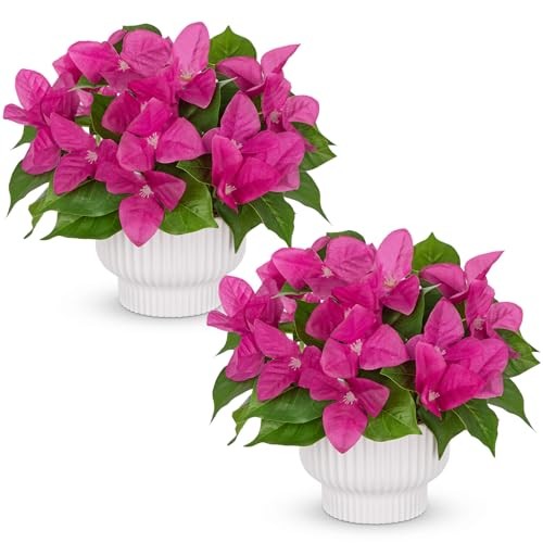 2 Pack Artificial Bougainvillea Plant with Pot, Fake Bougainvillea Flower Pink