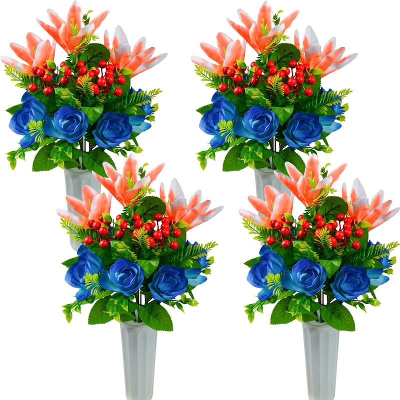 XONOR Artificial Cemetery Flowers for Grave, Set 17”x 10”, Blue&orange-4pcs