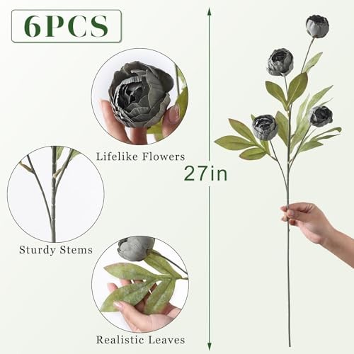 Pcs Faux Silk Peony Artificial Flowers for Vase -27", Bulk Fake 6 Dark Gray gallery