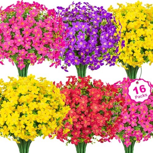 16 Bundles Artificial Flowers for Outdoors Decoration Fake Silk Multi Color