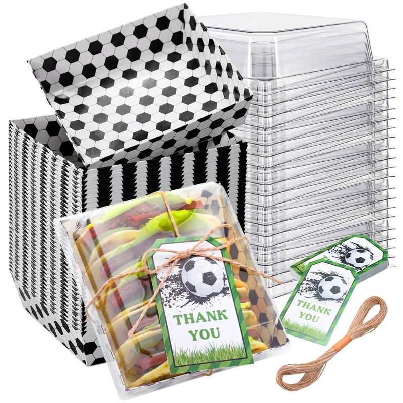 50 Pack Football Charcuterie Boxes with Clear Lids and Ropes Cards Soccer Cha...