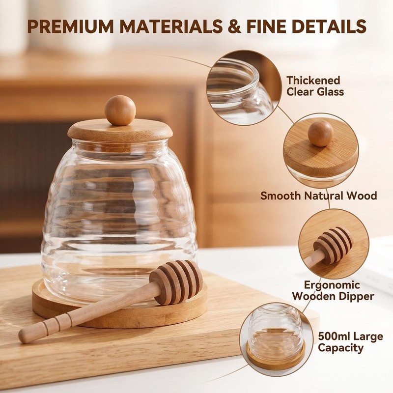 Beehive Glass Honey Jar with Lid and Dipper, 17oz Airtight Honey Pot with Mat... gallery