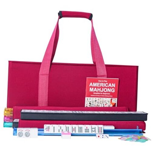 American Mahjong Set,166 White Tiles with Bag and Accessories,4 All-in-One Red