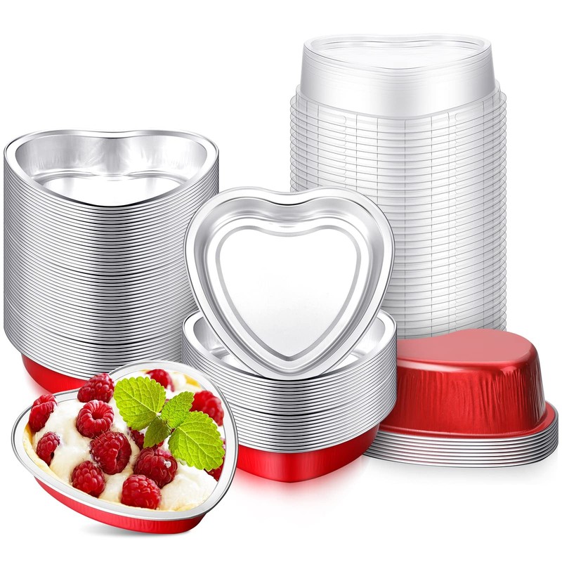 50 Set 9 oz Heart Shaped Aluminum Cake Pan with Lid Disposable Heart Foil Tin…