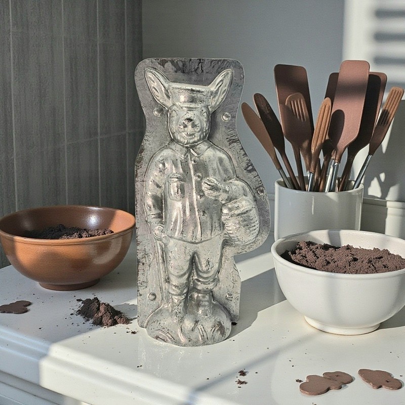 RARE H Heris German Chocolate Mold Dutch Bunny Tin #442 10″ Nurnberg 1930s