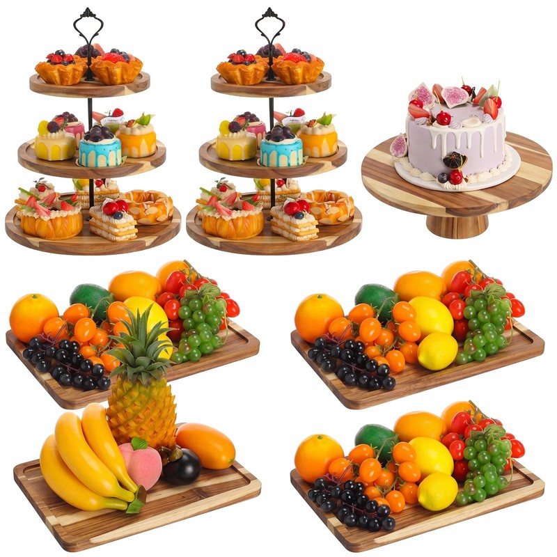 7 Pcs Wood Dessert Table Display Set Wooden 3 Tie Cupcake Stands Rustic Round…