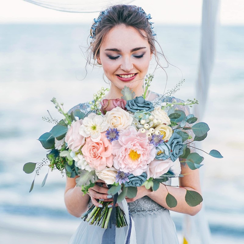 Amyhomie Blue Pink Artificial Flowers Combo Silk Mix Peony Rose Hydrangea Daisy gallery