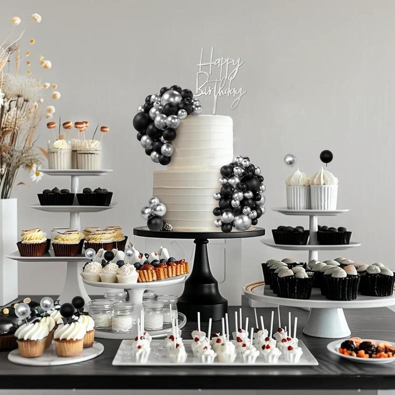 75 PCS Black and Silver Balls Cake Topper Happy Birthday Cake Insert for Baby gallery