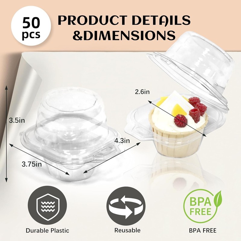 50 Pack Individual Cupcake Containers, Plastic Cupcake Boxes with Lids, Stack... gallery