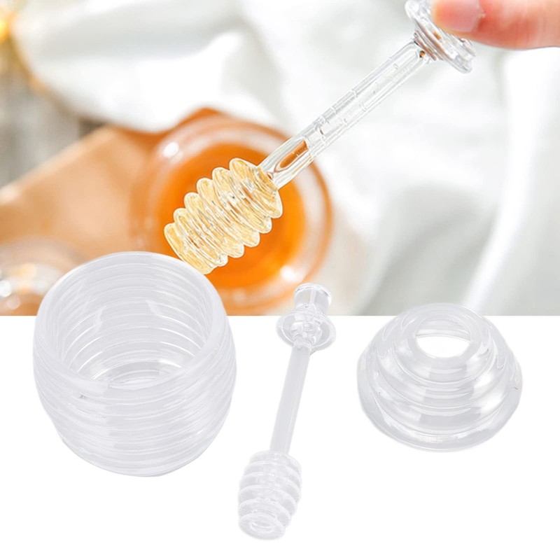 Transparent Plastic Beehive Shape Honey Pot Jar Dipper Lid Syrup Dispenser gallery