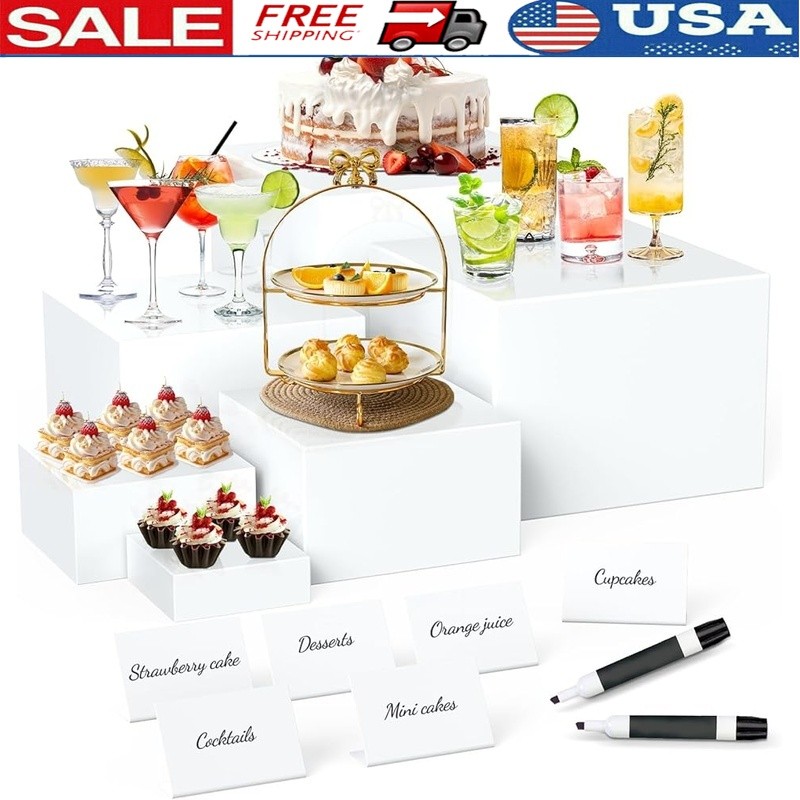 White Food Display Stands Stackable Risers W/ Sign Cards & Markers Events New