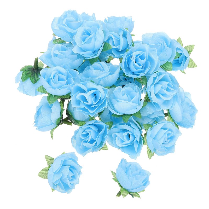 50Pcs Mini Rose Artificial Flower Bulk 1.2 Inch Flower Head Sky Blue