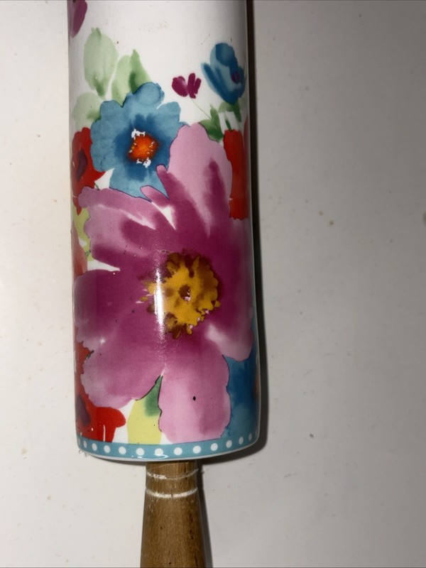 Pioneer Woman Ceramic Rolling Pin ~ Breezy Blossoms~ Acacia Wooden Handles gallery