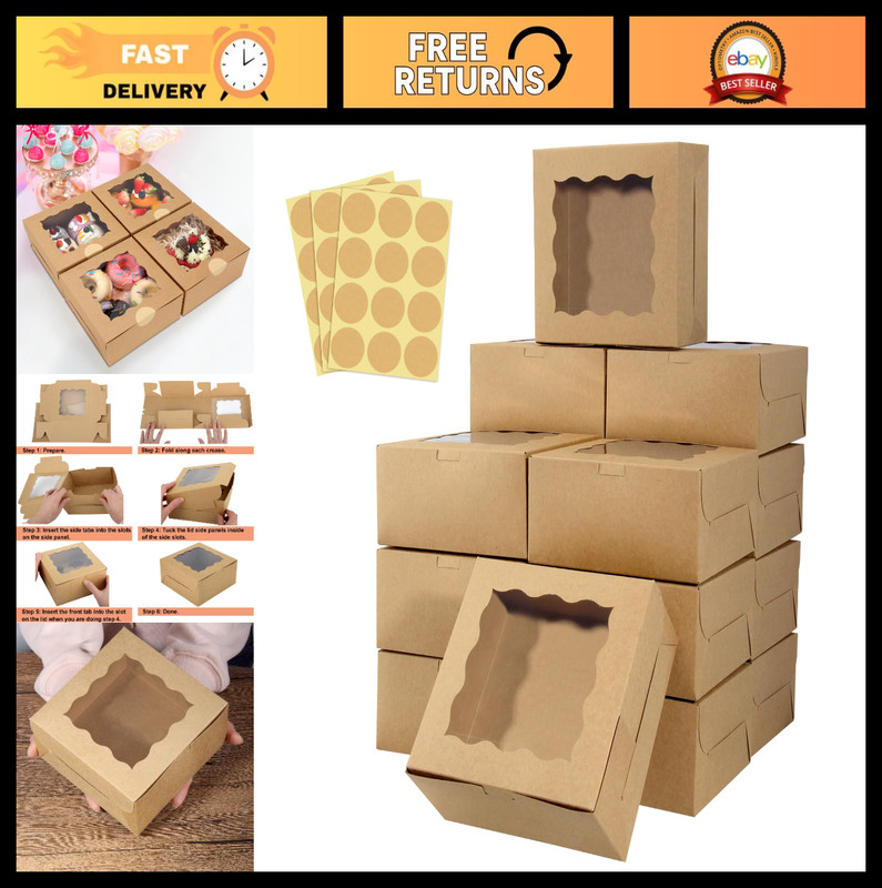 60 Pcs Bakery Boxes with Window – 6x6x3 Kraft Cookie & Pastry Boxes for Treats