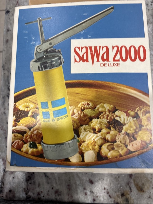 SAWA 2000 Cookie Press Deluxe Sweden Metal Original Box 29 Pieces Complete Vtg gallery
