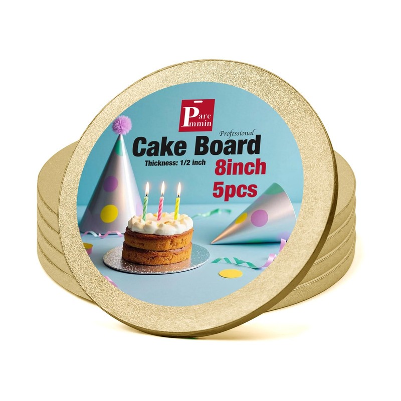 5Pcs 8 Inch Gold Round Cake Boards 1/2inch Thick Sturdy Cake Drums with Smoot…