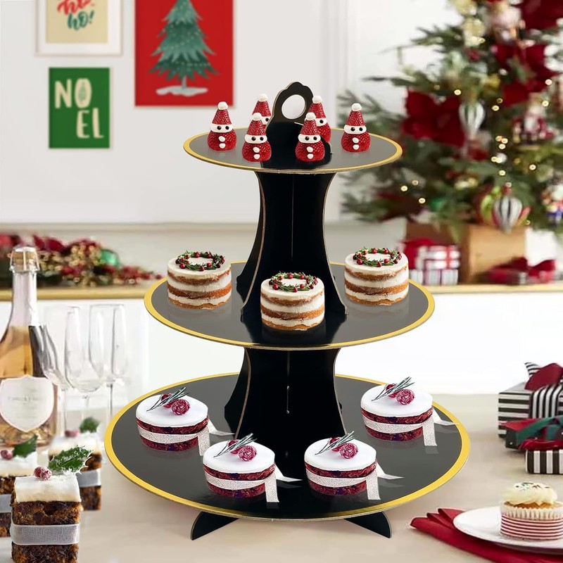 3-Tier Black Gold Cardboard Round Cupcake Display Stand gallery
