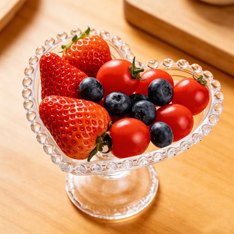 Glass Tall Fruit Bowl Heart Clear Dessert Plate Cupcake Stand Snack Platter gallery