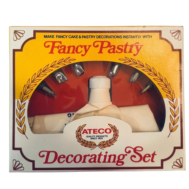 Vintage Ateco Fancy Pastry Cake Decorating Set 6 Metal Tubes 10in Bag USA