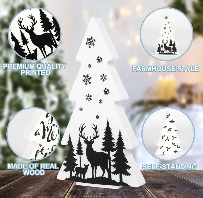 Sereliy 3 Pieces Christmas Tree Wooden Signs Black White Xmas Tiered Tray Elk gallery