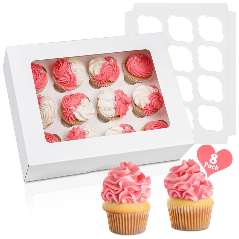 8 Pack 12-Count Cupcake Boxes White Auto-Popup Carrier with Window Inserts