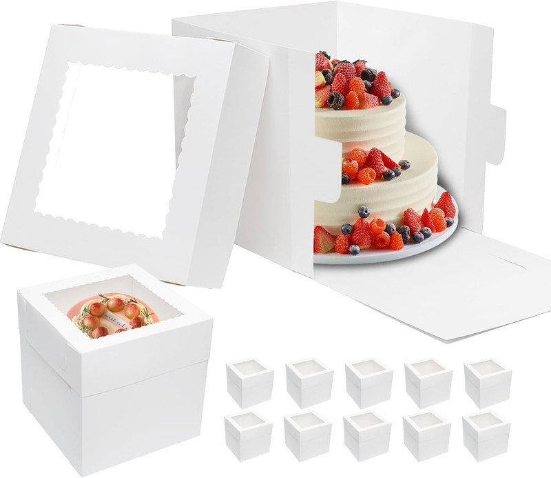 10Pcs Cake Boxes 10 Inch 10X10X10 Tall Cake Boxes with Window for Tier Baking Di