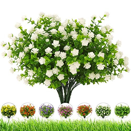 Artificial Flowers Outdoor,UV Resistant Outdoor Fake 8 Bundles White