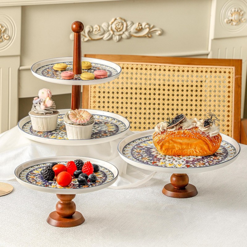 Ceramic Cake Holder Stand with Elegant Wood Curved Footed, 8” Versatile Desse... gallery
