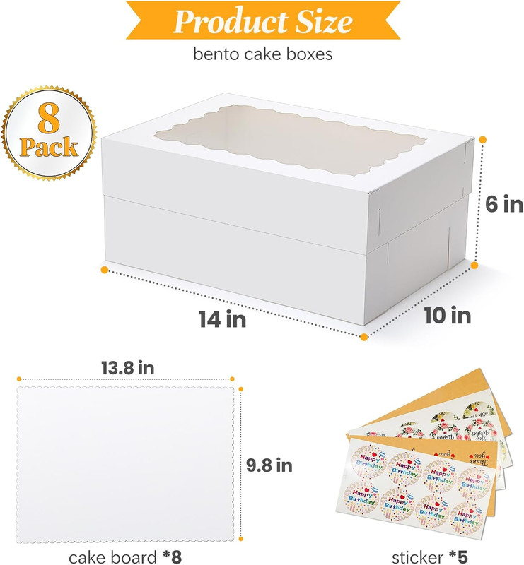 14X10X6 in Sheet Cake Boxes, 16 Pcs White Bakery Boxes with Large Window (8 Boxe gallery