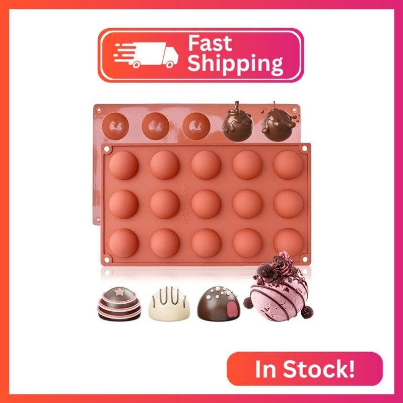 2 Pcs Chocolate Molds, 15-Cavity Semi-Sphere Non-Stick Silicone Chocolate Mold,