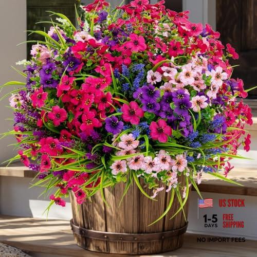 Artificial Flowers for Outdoors – 16 Bundles – 14 Mix White Purple Pink Lavander