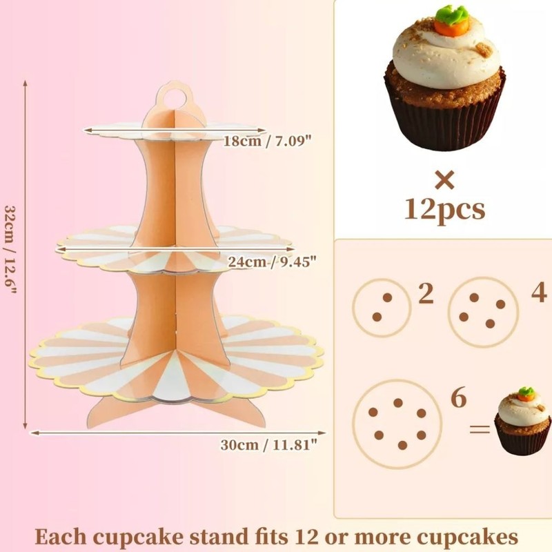 3-Tier Cardboard Cupcake Stand With Gold Trim, Orange & White Design, Easy Assem gallery