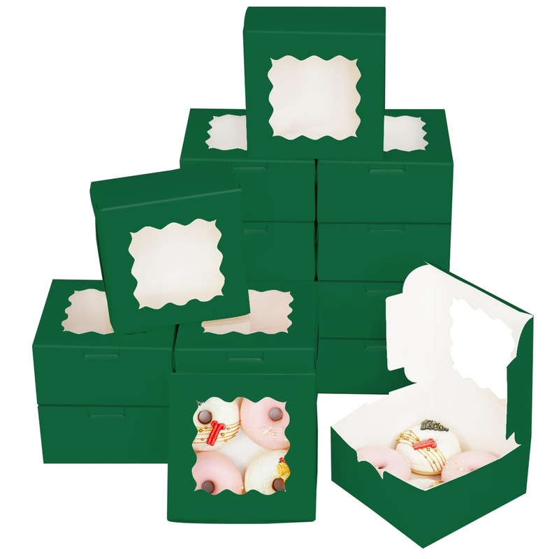 100 PCS 6x6x3 Inch Deep Green Cookie Boxes Window Macaroon Pastry Box
