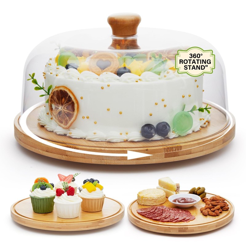 Rotating Cake Stand with Lid, 12” Wood Food Plate with Cover, Serving Tray, …