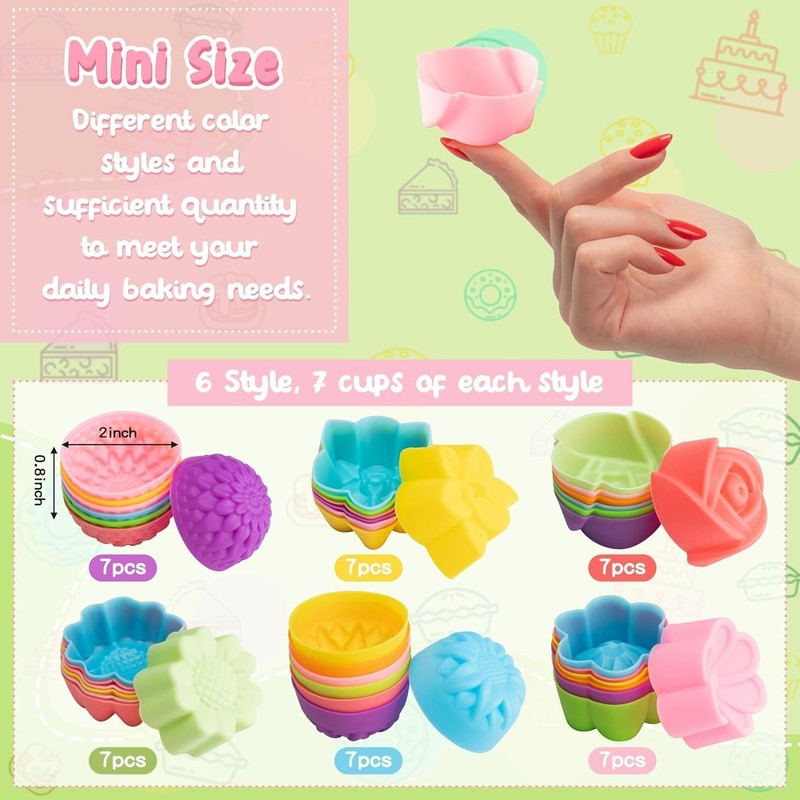 42Pcs Mini Size Silicone Molds, 2 x 0.8 inch Cupcake Multi Flower Shapes Baking gallery