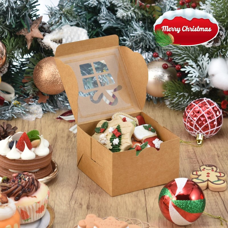 30 PCS 4x4x2.5 Inch Christmas Cookie Boxes Window Brown Bakery Mini Cake Box gallery