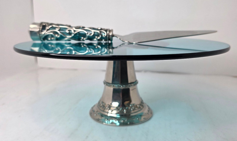 Cake Plate & Server Teal/Turquoise Blue & Silver Plated Glass