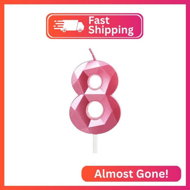 Number 8 Candles,8th Birthday Candles, Pink Happy Birthday Candle for Cake,3D De