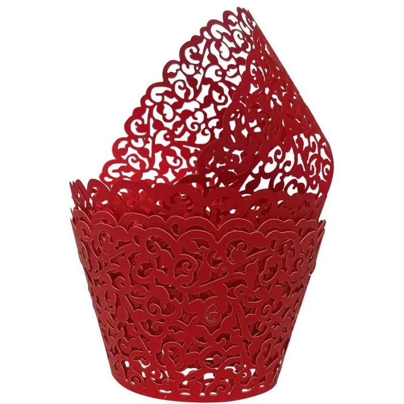 50 PCS Red Lace Hollow Out Cupcake Wrappers Laser Cut Liners Muffin Cups