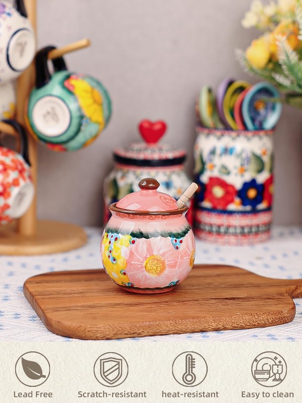 Handmade Ceramic Honey Jar with Lid, 8 oz Floral Design Honey Pot with Dipper... gallery