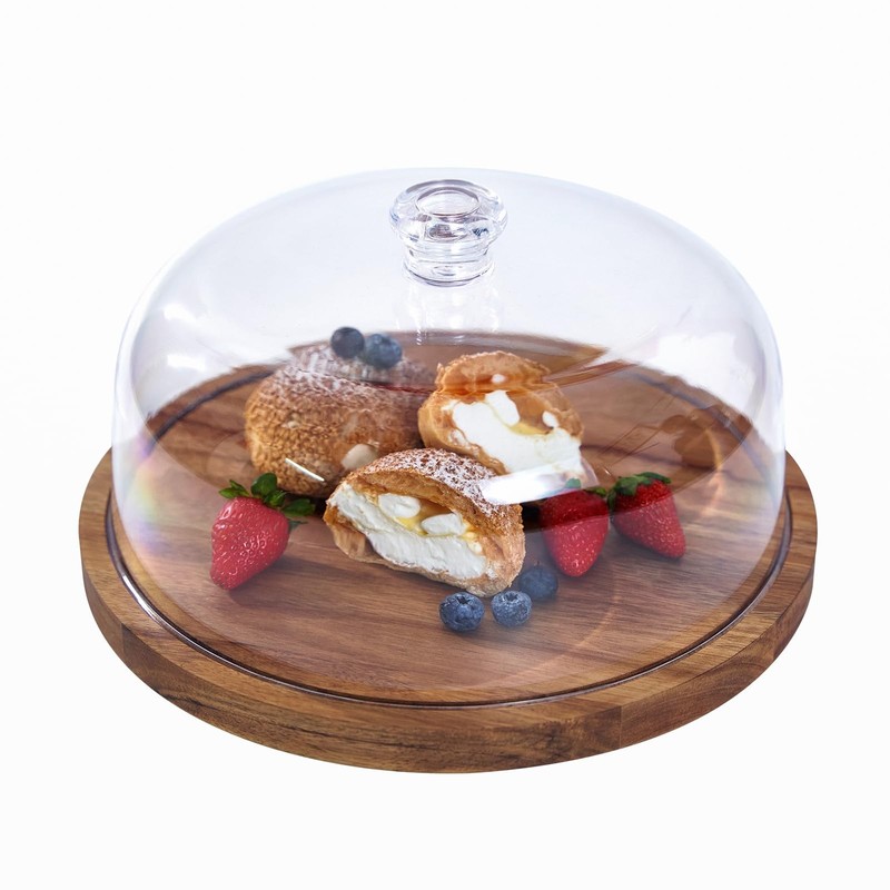 Cake Stand with Lid, Acacia Wood 12in Round Cake Holder, 2-in-1 Dessert Table…