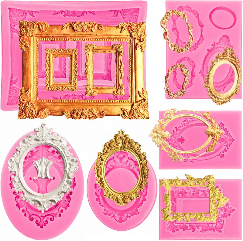 6 Pack Photo Frame Silicone Fondant Molds, Vintage Picture Frame Cake Mold fo...