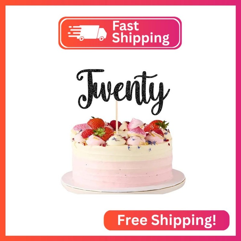 Rsstarxi 1 Pack Twenty Birthday Cake Topper, 20th Birthday Cake Topper, Black 20
