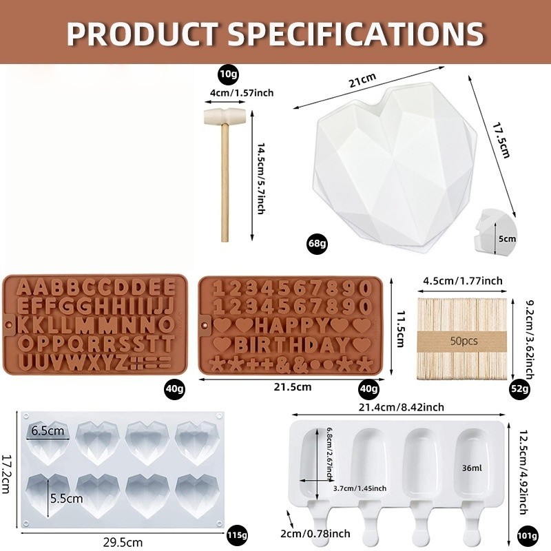14-Piece Heart-Shaped Cake Mold Set - Reusable Silicone Ice Pop Molds for Home gallery
