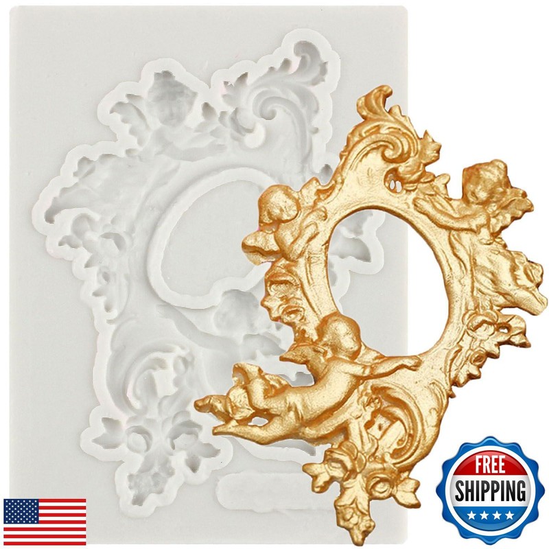 YANQINMS Angel Photo Frame Silicone Mold Baroque Angel Vintage Frame Fondant