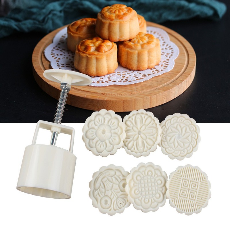 Reusable 6 Piece Moon Cake Mould Set Ivory ABS Fondant Making Kitchen Tools