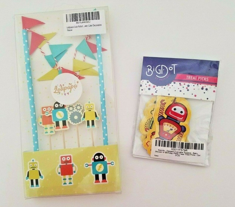 Robot Cupcake Treat Picks & Cake Topper Kit Flag Bunting Birthday Baby Shower