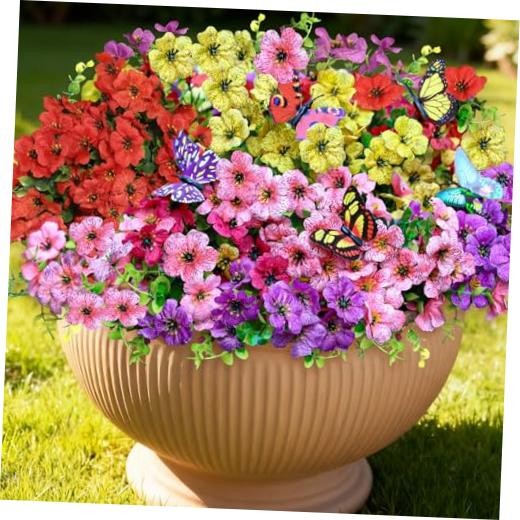 Artificial Flowers for Outdoors Decoration, 12 Mix Pink Red Purple Yellow