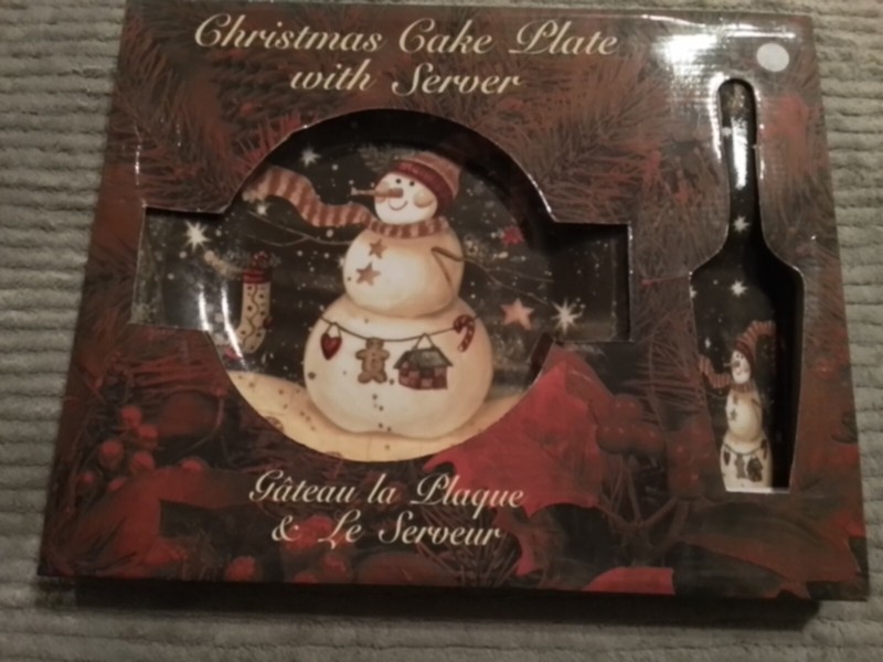 Ceramic Cake Plate with Server 10.5” Round Tray Snowman Christmas NEW