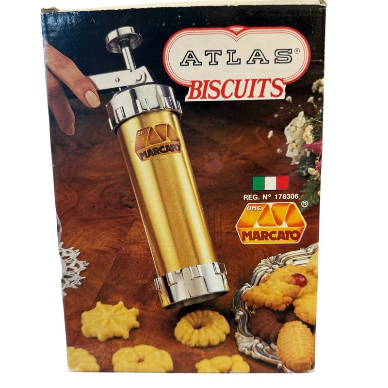 Vintage MARCATO ATLAS Biscuits Cookie Press Italy 19/20 Discs & 4 Tips Manual